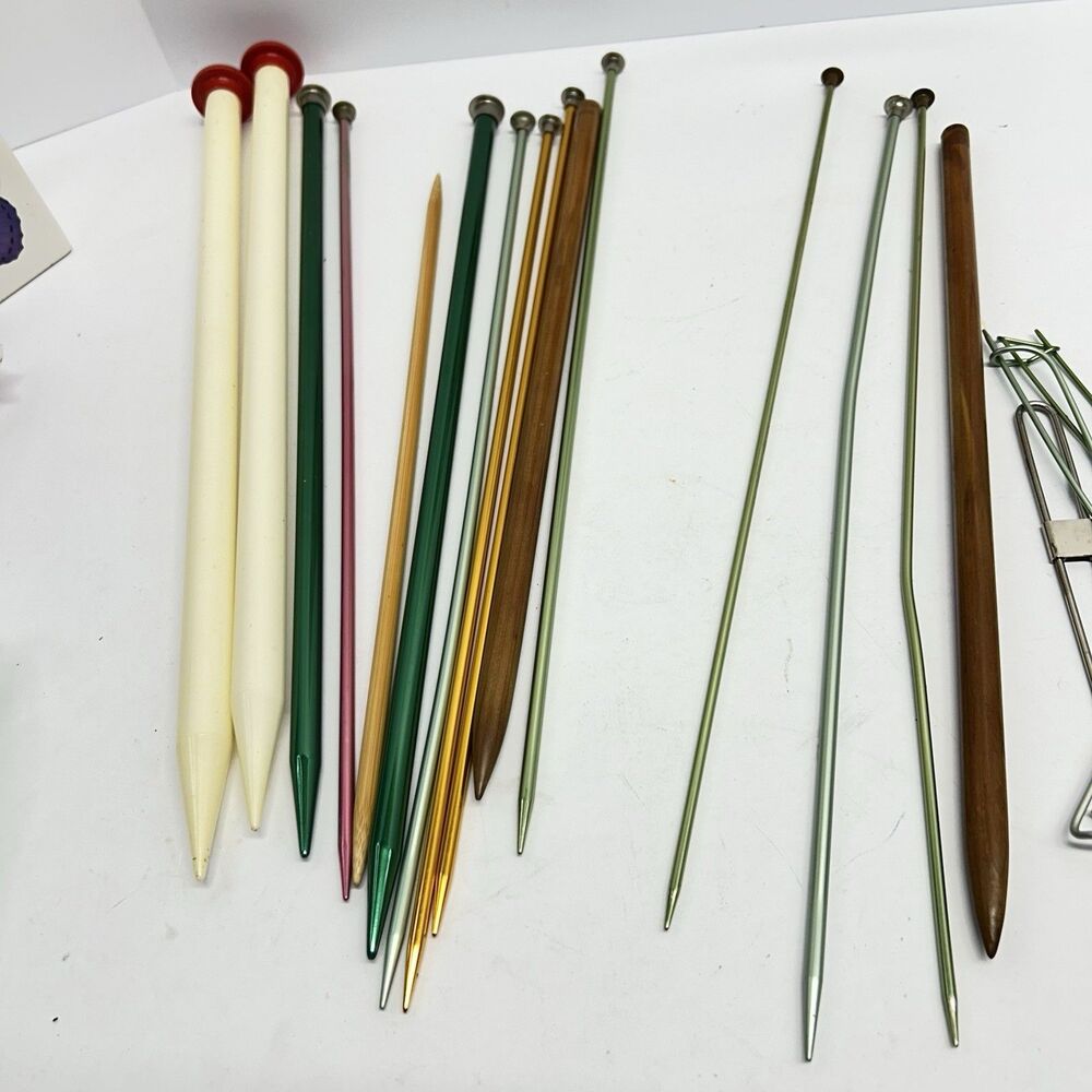 Vintage Knitting Needle Lot Jumbo Aluminum Wood Stitch Holders Rug Hook Tool